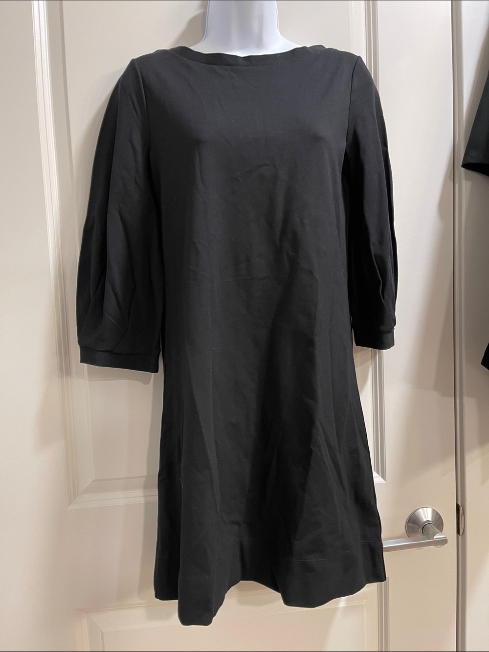 Theory Black Boatneck A-Line Dress with Three-Quarter Sleeves